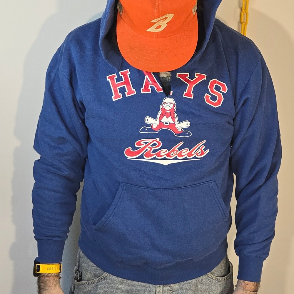 VTG Jerzees Hays Rebels M hoodie blue pullover poly USA‎ school Austin Texas 90s